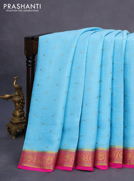 Pure mysore silk saree light blue and pink with allover small zari checks & buttas and rich zari woven border