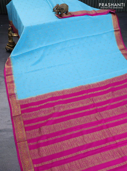 Pure mysore silk saree light blue and pink with allover small zari checks & buttas and rich zari woven border