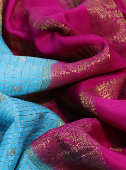 Pure mysore silk saree light blue and pink with allover small zari checks & buttas and rich zari woven border