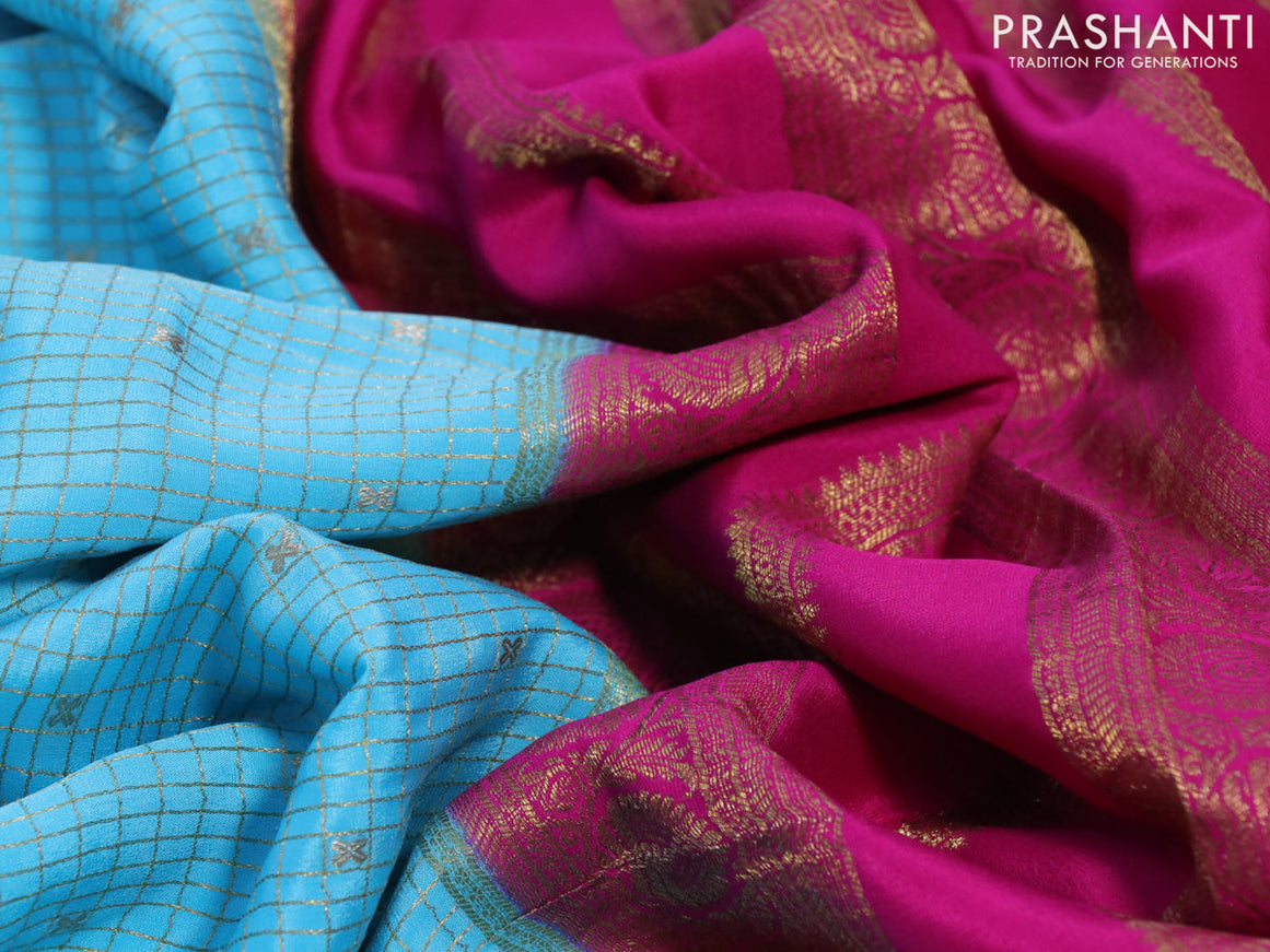 Pure mysore silk saree light blue and pink with allover small zari checks & buttas and rich zari woven border