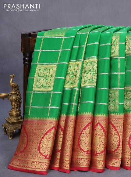 Pure mysore silk saree green and maroon with allover zari checks & buttas and long rich zari woven border