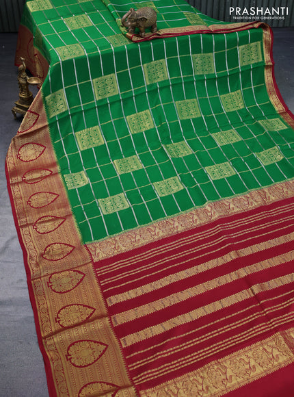 Pure mysore silk saree green and maroon with allover zari checks & buttas and long rich zari woven border