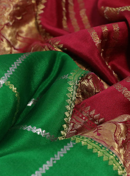 Pure mysore silk saree green and maroon with allover zari checks & buttas and long rich zari woven border