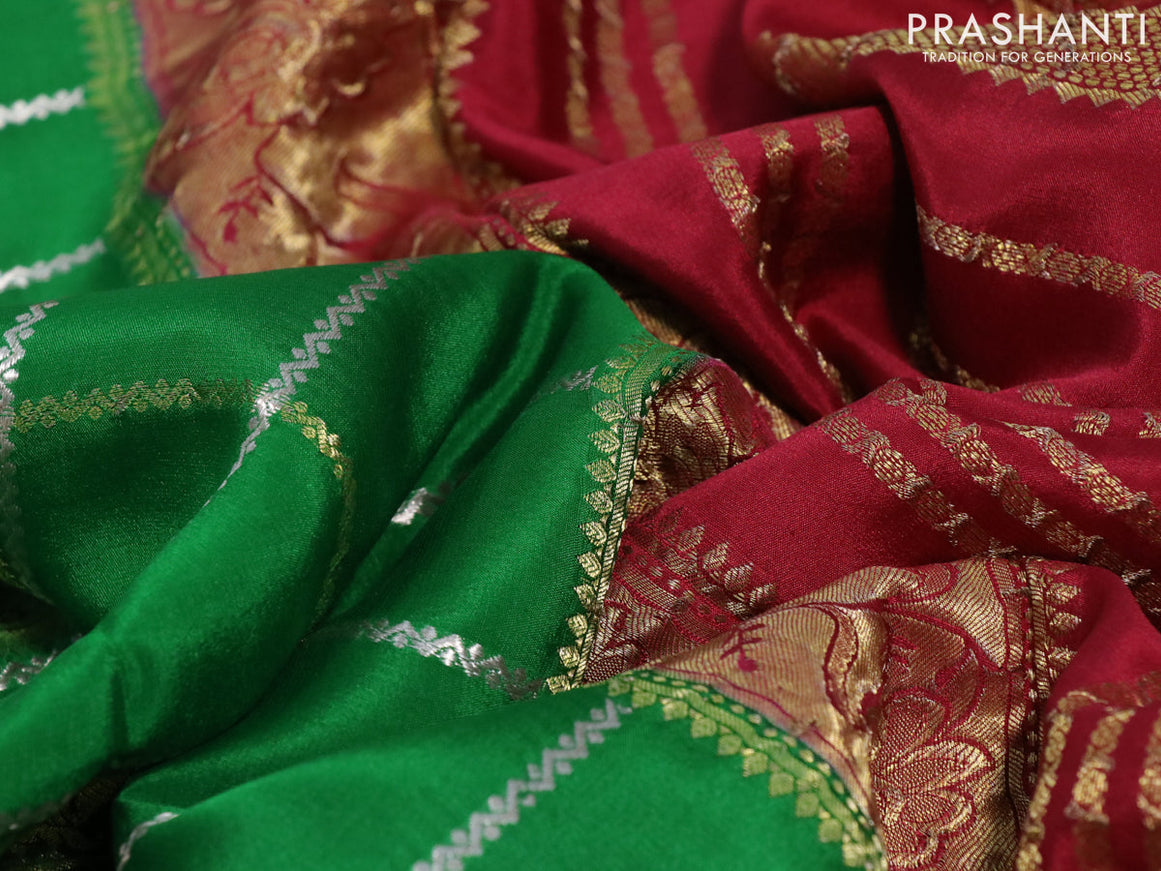 Pure mysore silk saree green and maroon with allover zari checks & buttas and long rich zari woven border