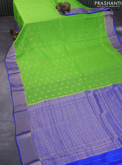 Pure mysore silk saree parrot green and royal blue with allover zari weaves & buttas and rich zari woven border