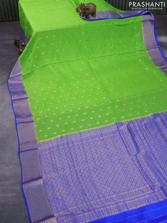 Pure mysore silk saree parrot green and royal blue with allover zari weaves & buttas and rich zari woven border