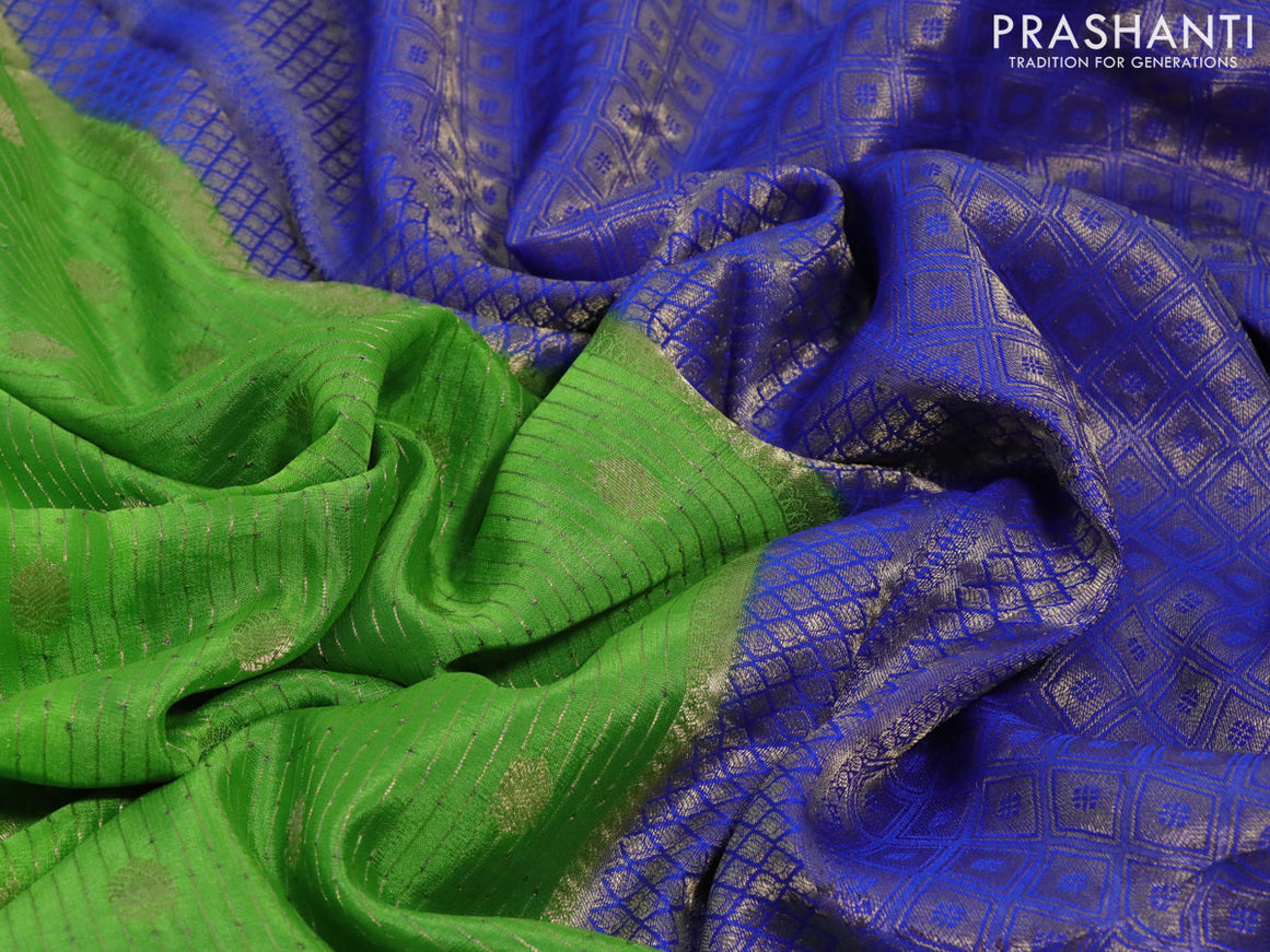 Pure mysore silk saree parrot green and royal blue with allover zari weaves & buttas and rich zari woven border