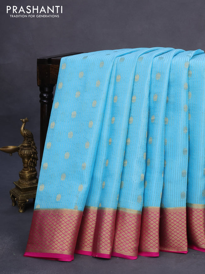 Pure mysore silk saree light blue and pink with allover zari weaves & buttas and rich zari woven border