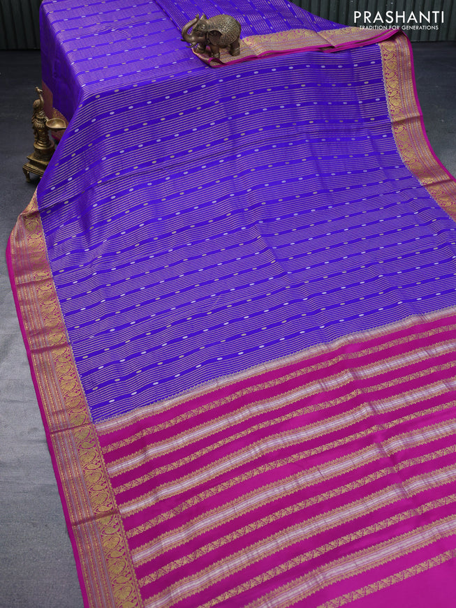 Pure mysore silk saree blue and magenta pink with allover zari weaves & buttas and rich zari woven border