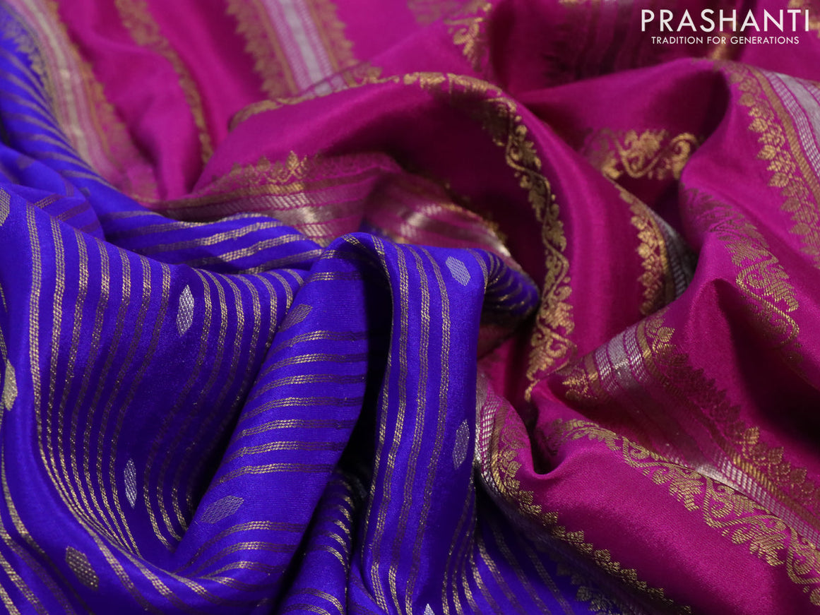 Pure mysore silk saree blue and magenta pink with allover zari weaves & buttas and rich zari woven border