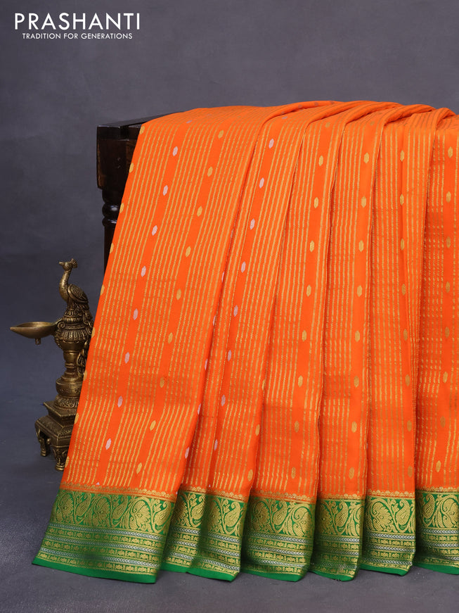 Pure mysore silk saree orange and green with allover zari weaves & buttas and rich zari woven border