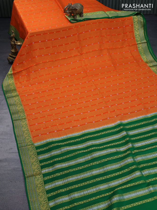 Pure mysore silk saree orange and green with allover zari weaves & buttas and rich zari woven border