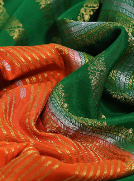 Pure mysore silk saree orange and green with allover zari weaves & buttas and rich zari woven border