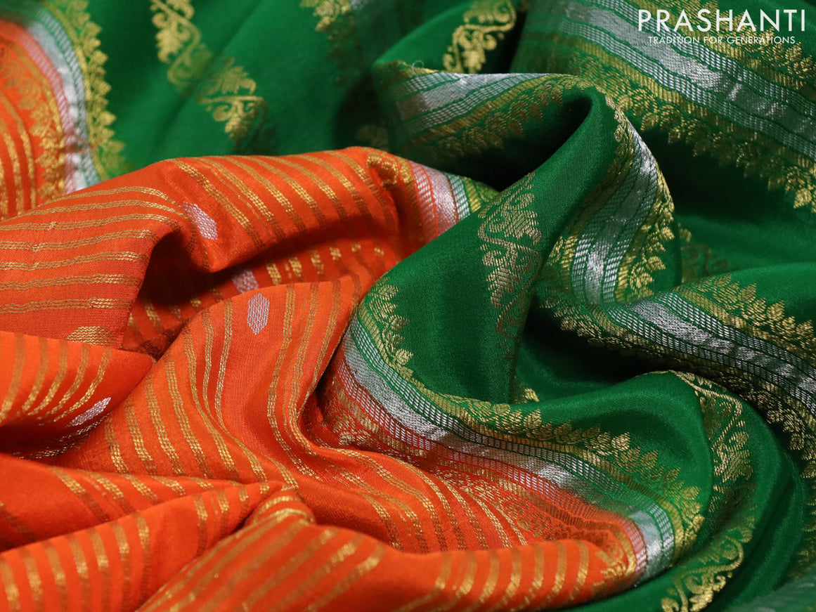 Pure mysore silk saree orange and green with allover zari weaves & buttas and rich zari woven border