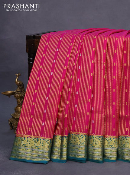 Pure mysore silk saree magenta pink and peacock green with allover zari weaves & buttas and rich zari woven border