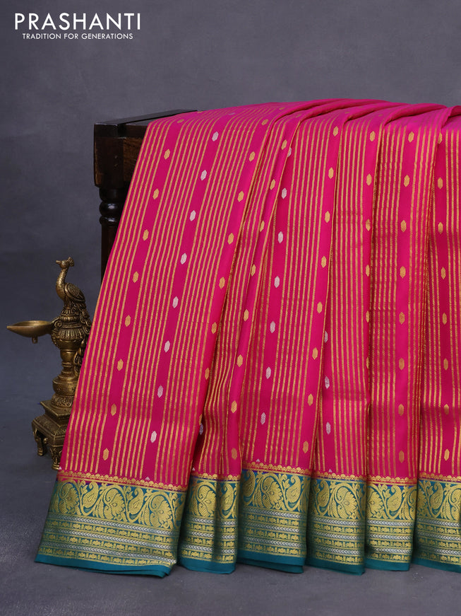 Pure mysore silk saree magenta pink and peacock green with allover zari weaves & buttas and rich zari woven border