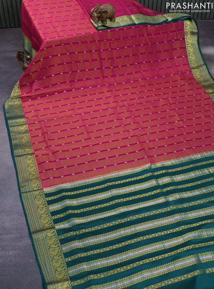 Pure mysore silk saree magenta pink and peacock green with allover zari weaves & buttas and rich zari woven border