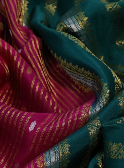 Pure mysore silk saree magenta pink and peacock green with allover zari weaves & buttas and rich zari woven border