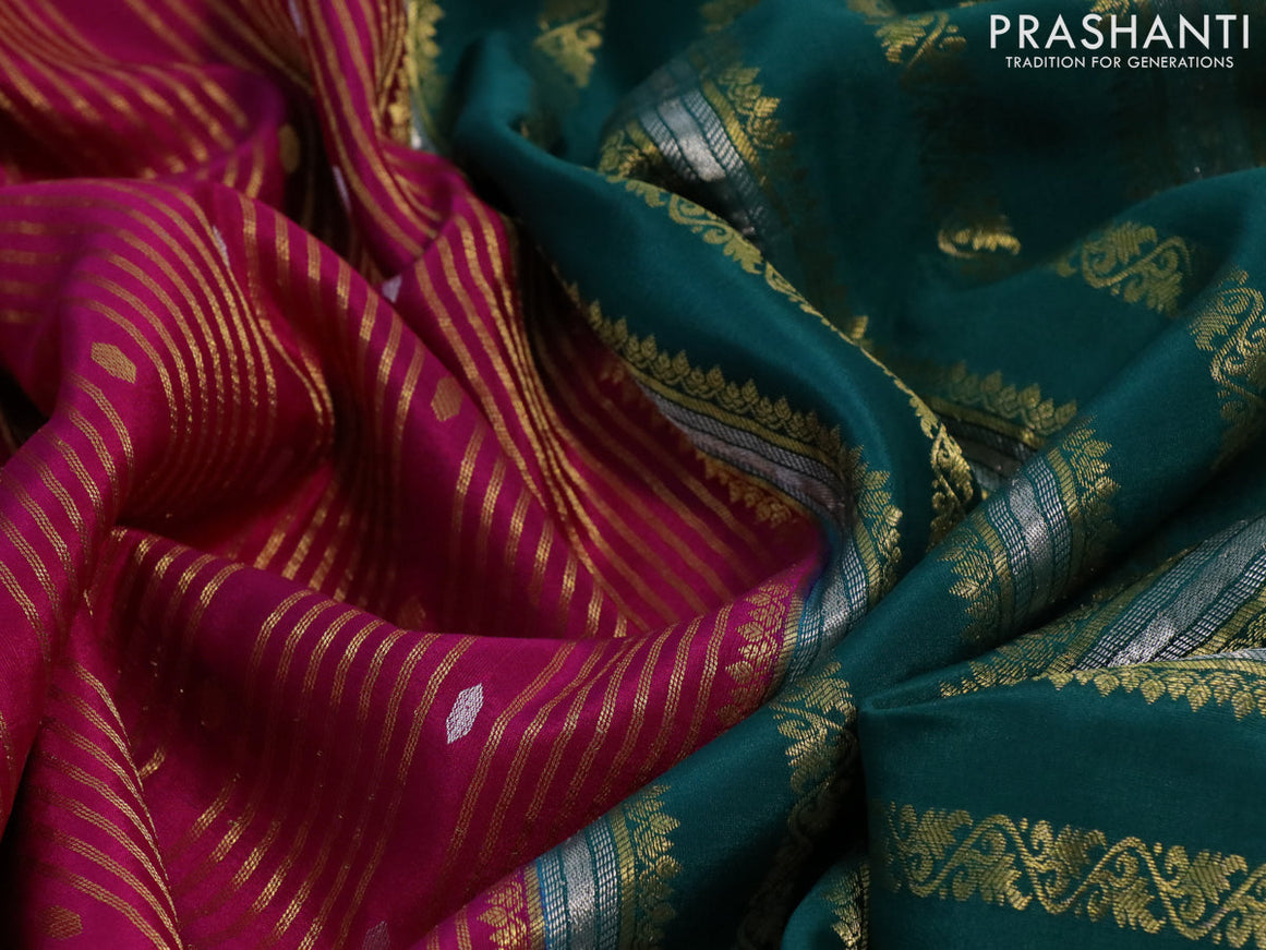 Pure mysore silk saree magenta pink and peacock green with allover zari weaves & buttas and rich zari woven border