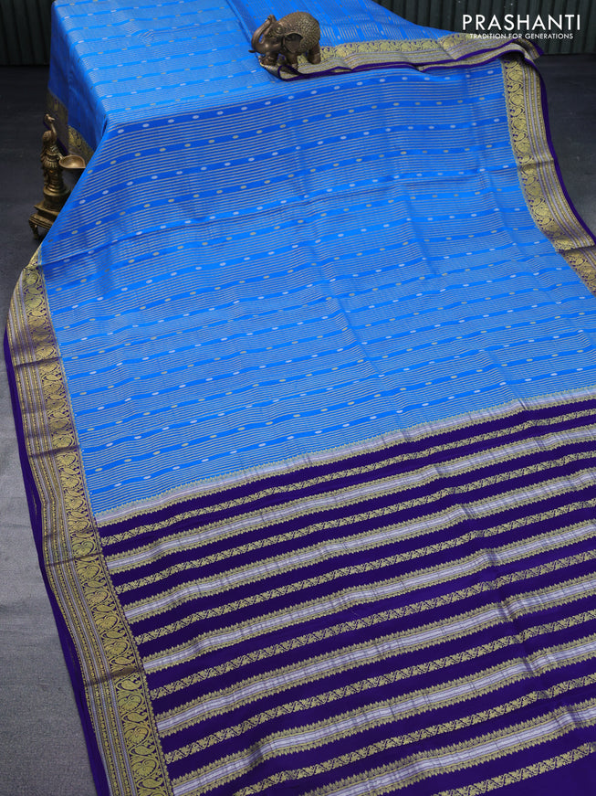 Pure mysore silk saree cs blue and dark blue with allover zari weaves & buttas and rich zari woven border