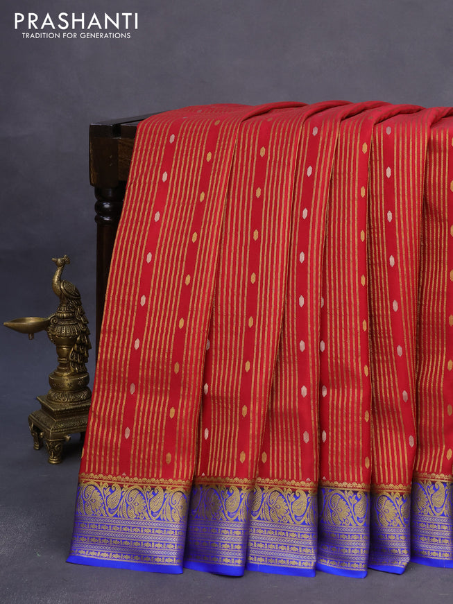 Pure mysore silk saree maroon and blue with allover zari weaves & buttas and rich zari woven border