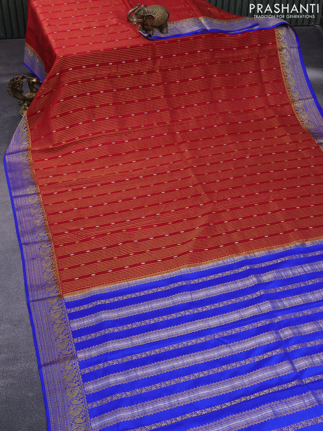 Pure mysore silk saree maroon and blue with allover zari weaves & buttas and rich zari woven border