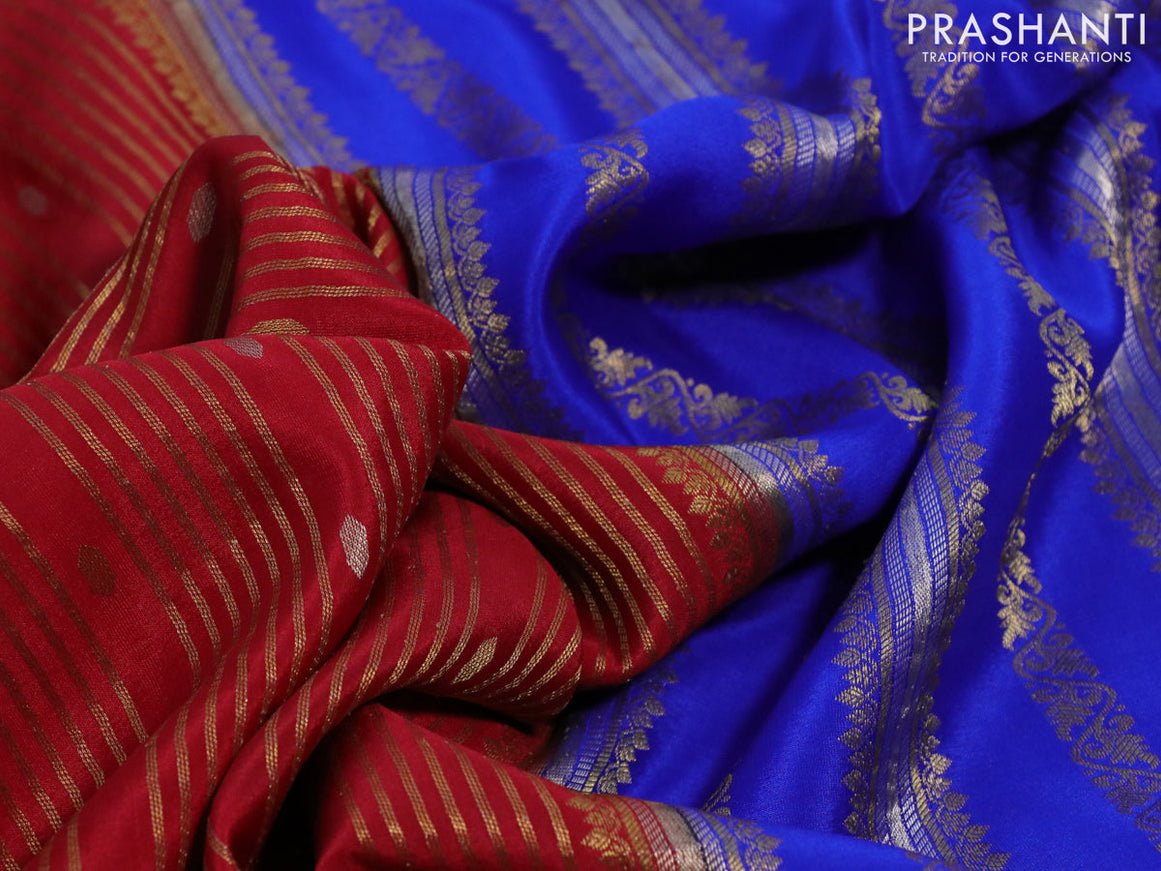 Pure mysore silk saree maroon and blue with allover zari weaves & buttas and rich zari woven border