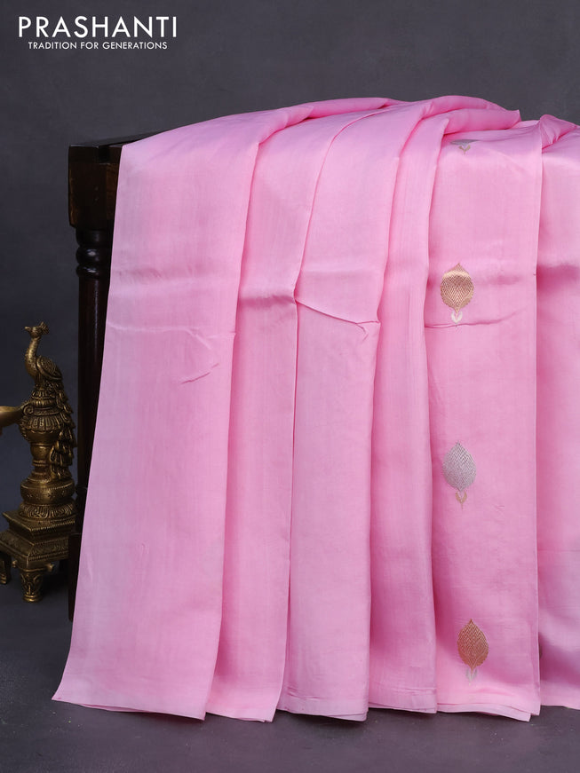 Banarasi poona silk saree light pink with silver & gold zari woven buttas and zari woven butta border