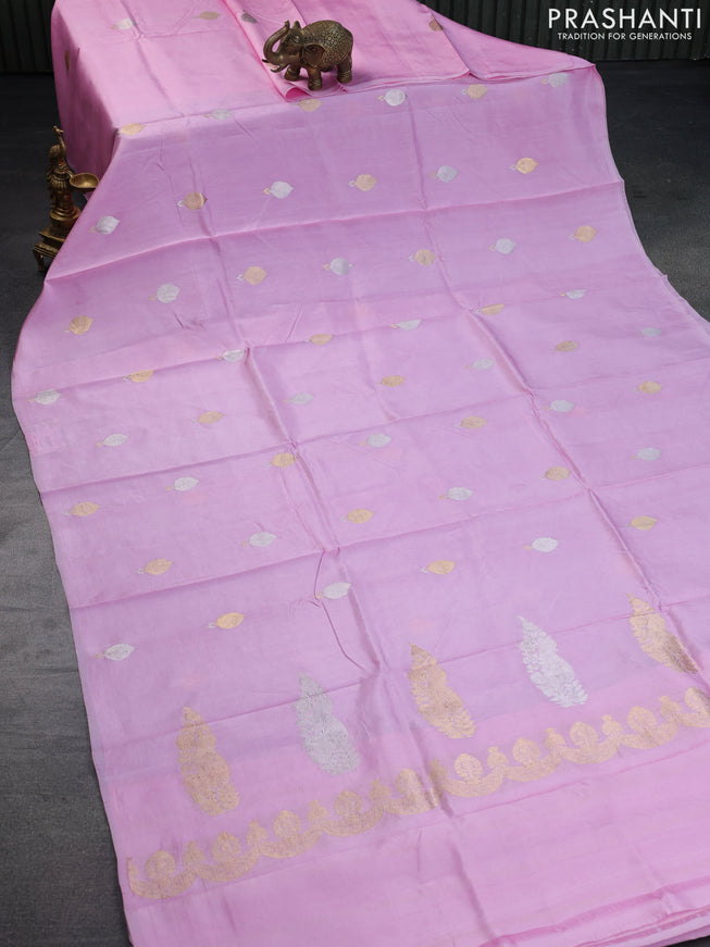 Banarasi poona silk saree light pink with silver & gold zari woven buttas and zari woven butta border