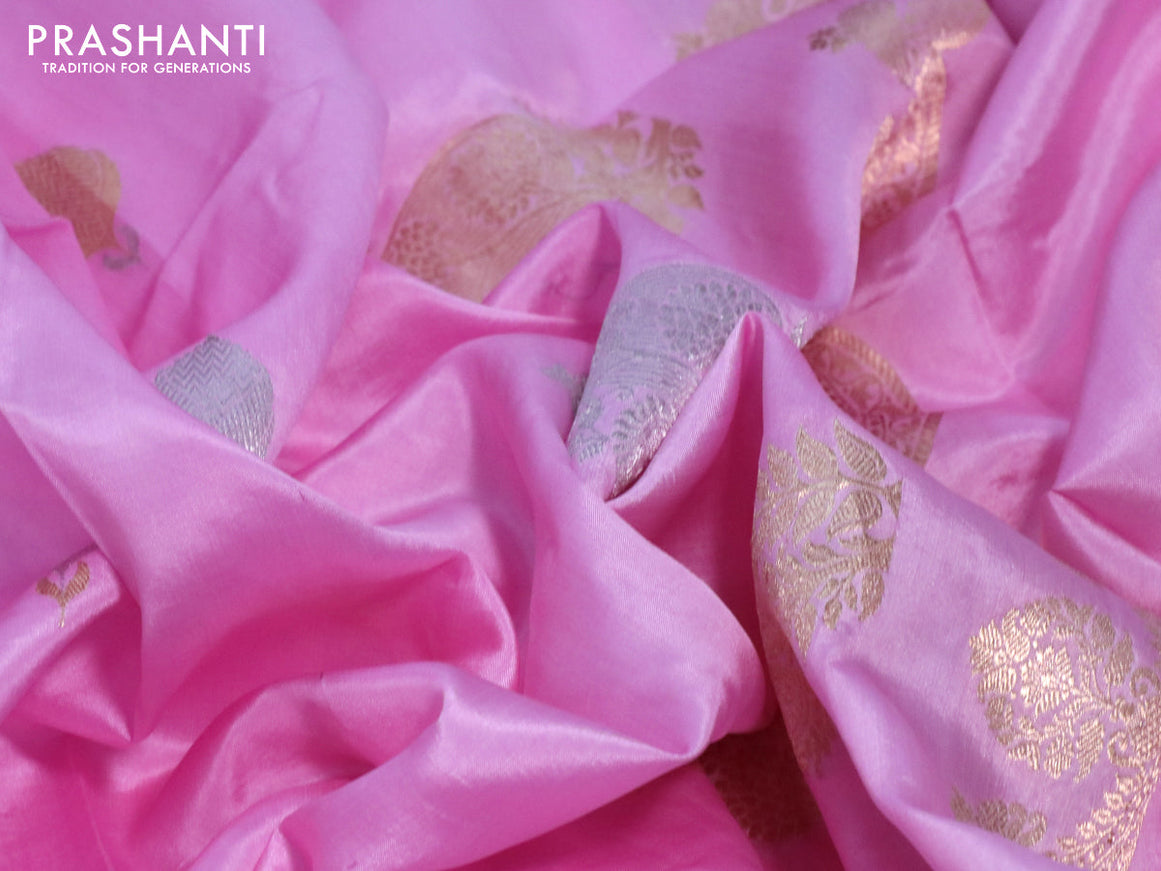 Banarasi poona silk saree light pink with silver & gold zari woven buttas and zari woven butta border