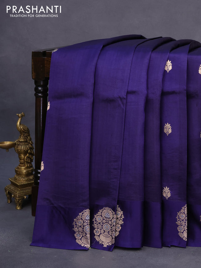 Banarasi poona silk saree blue with zari woven floral buttas and zari woven butta border