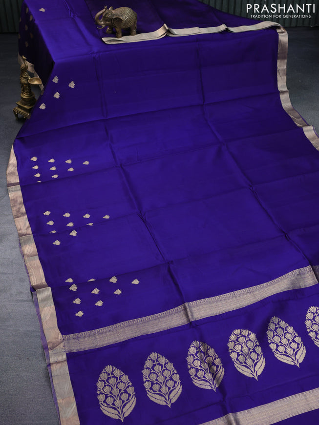 Banarasi poona silk saree blue with zari woven floral buttas and zari woven border