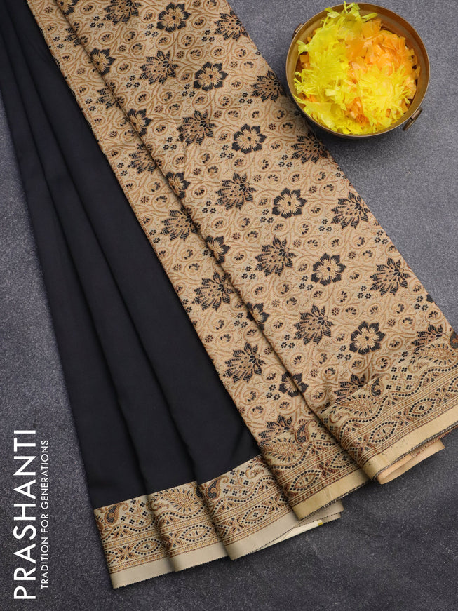 Banarasi semi katan saree black and sandal with plain body with thread & zari woven border