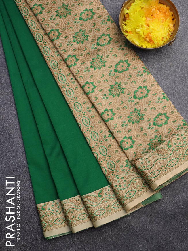 Banarasi semi katan saree green and sandal with plain body with thread & zari woven border