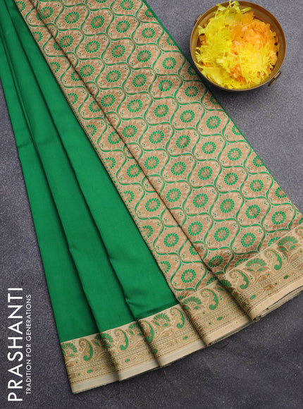 Banarasi semi katan saree green and cream with plain body with thread & zari woven border