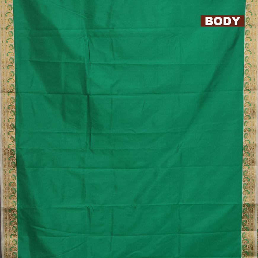 Banarasi semi katan saree green and cream with plain body with thread & zari woven border