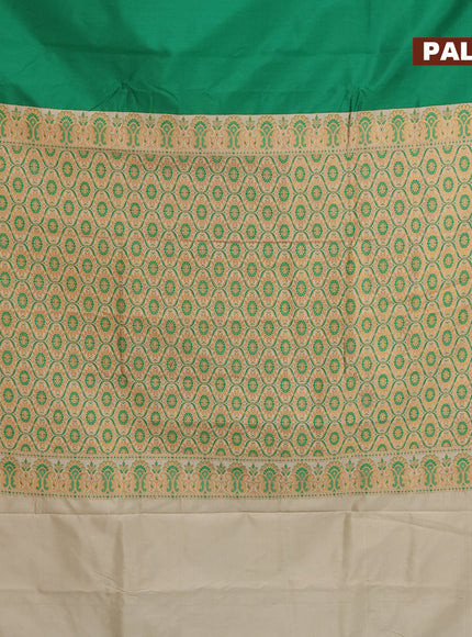 Banarasi semi katan saree green and cream with plain body with thread & zari woven border