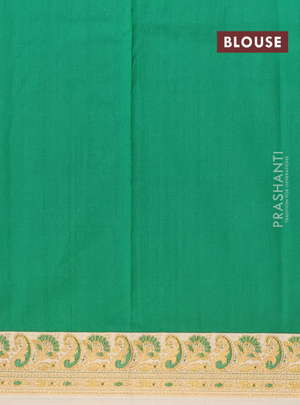 Banarasi semi katan saree green and cream with plain body with thread & zari woven border