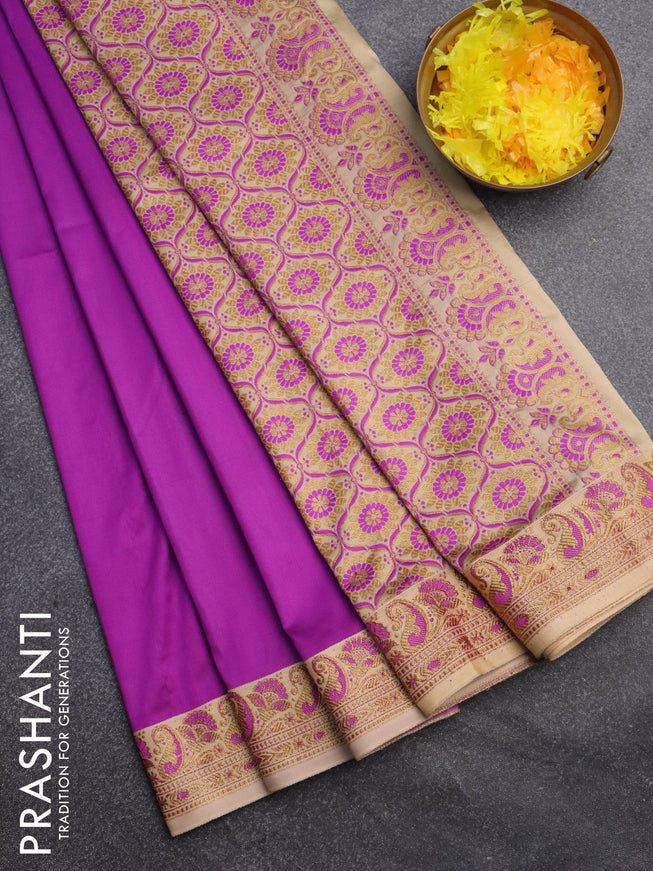 Banarasi semi katan saree purple and cream with plain body with thread & zari woven border