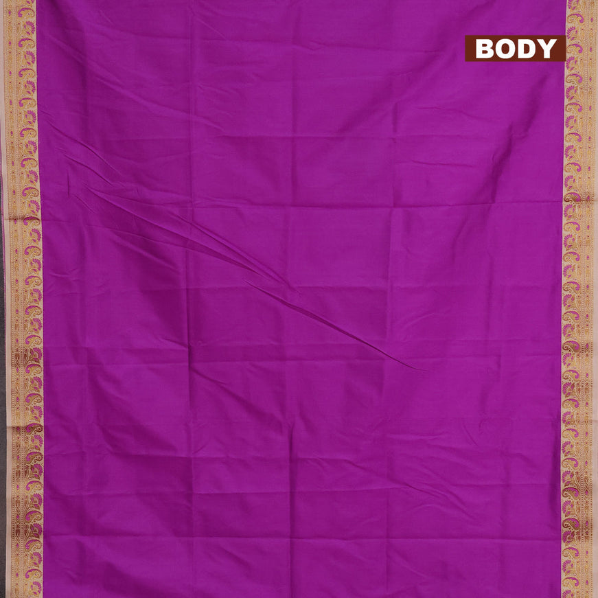 Banarasi semi katan saree purple and cream with plain body with thread & zari woven border