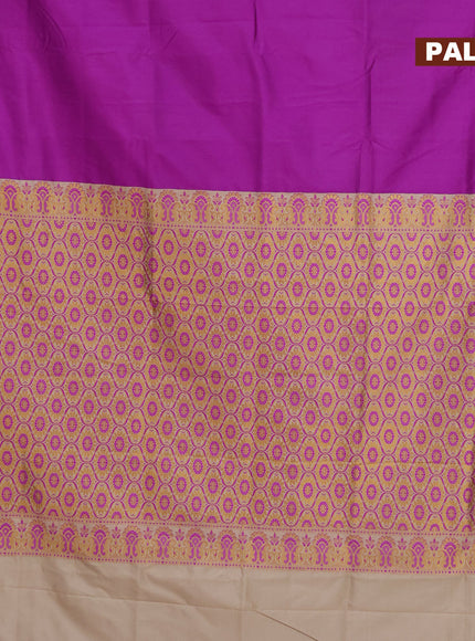 Banarasi semi katan saree purple and cream with plain body with thread & zari woven border