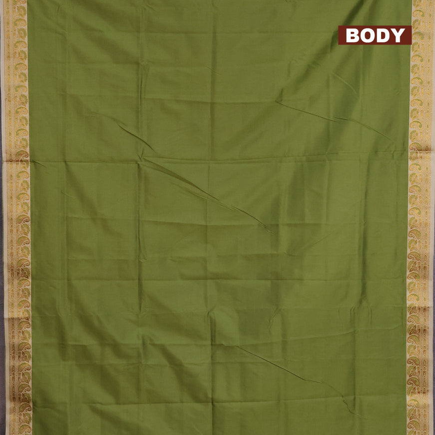 Banarasi semi katan saree mehendi green and cream with plain body with thread & zari woven border