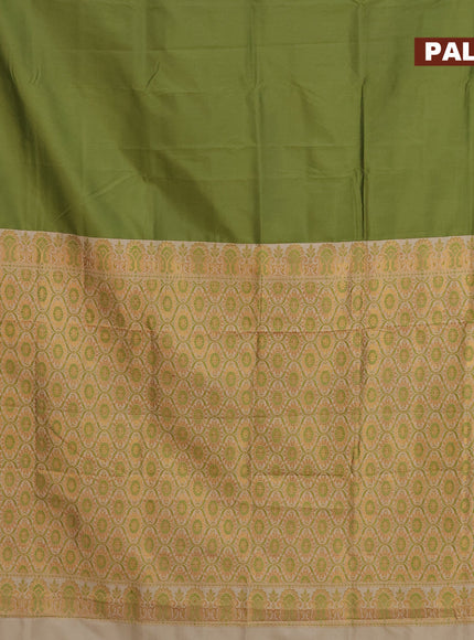 Banarasi semi katan saree mehendi green and cream with plain body with thread & zari woven border