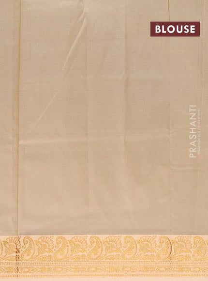 Banarasi semi katan saree mehendi green and cream with plain body with thread & zari woven border