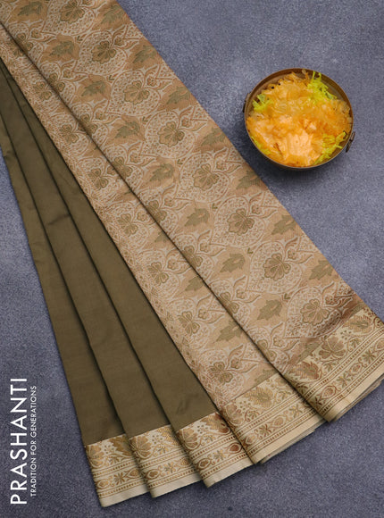 Banarasi semi katan saree military green and sandal with plain body and thread & zari woven border