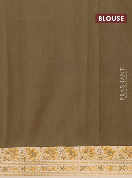 Banarasi semi katan saree military green and sandal with plain body and thread & zari woven border