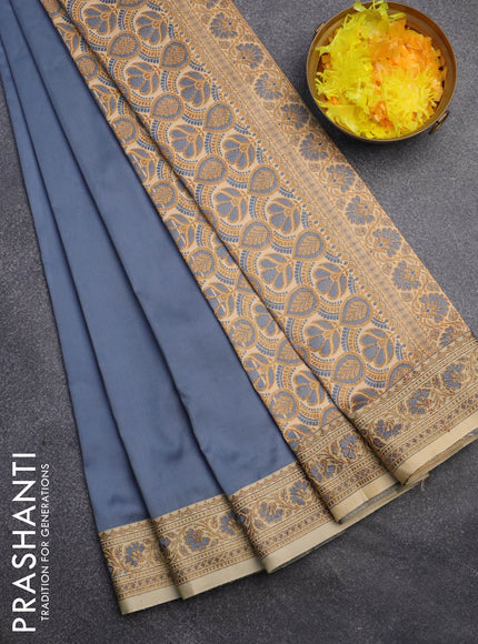 Banarasi semi katan saree grey and sandal with plain body and thread & zari woven border