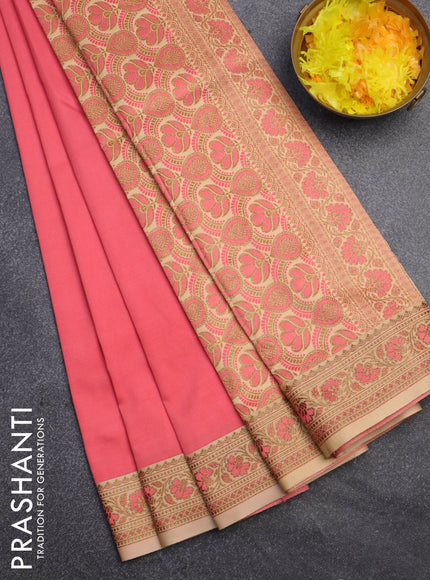 Banarasi semi katan saree pink shade and sandal with plain body and thread & zari woven border