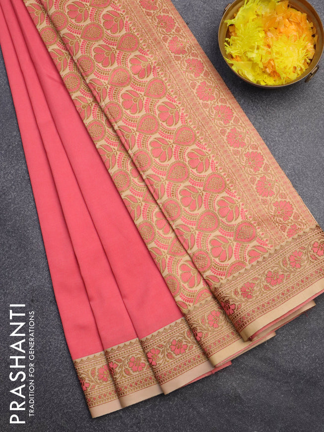 Banarasi semi katan saree pink shade and sandal with plain body and thread & zari woven border