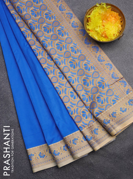 Banarasi semi katan saree cs blue and sandal with plain body and thread & zari woven border